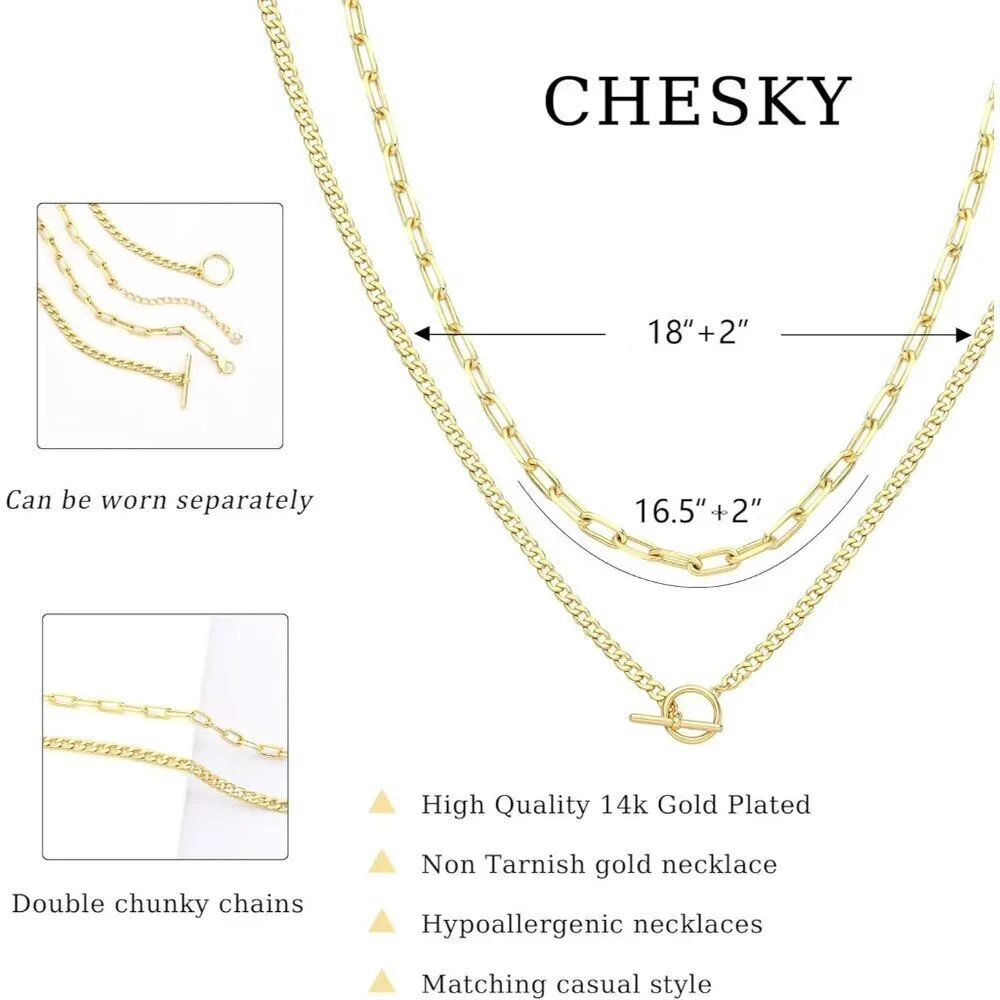 Layered Necklaces for Women 14K Gold Plated Cuban Chain Toggle Clasp Jewelry - Picture 5 of 8
